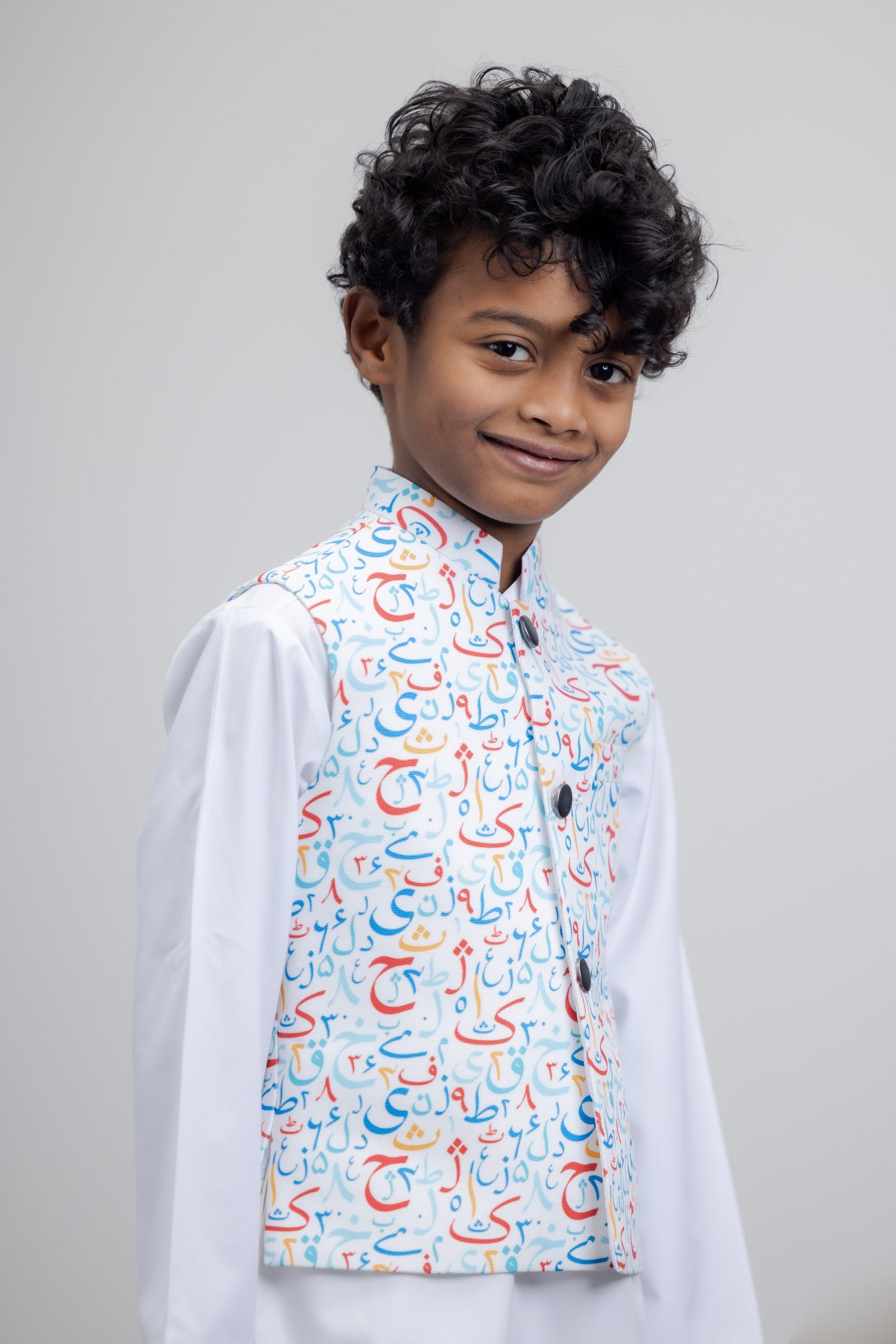 White Suit With Urdu Alphabet Vest